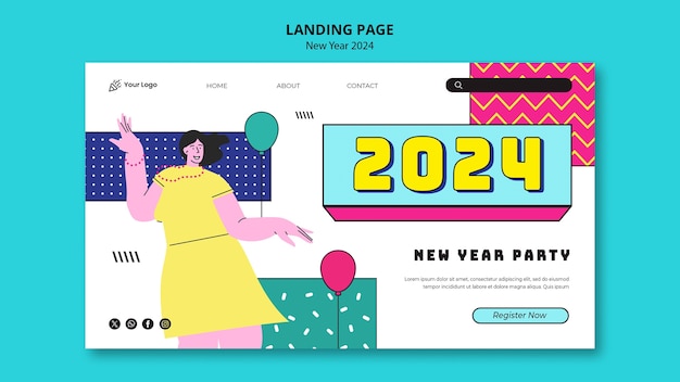 Free PSD landing page template for new year 2024 party celebration