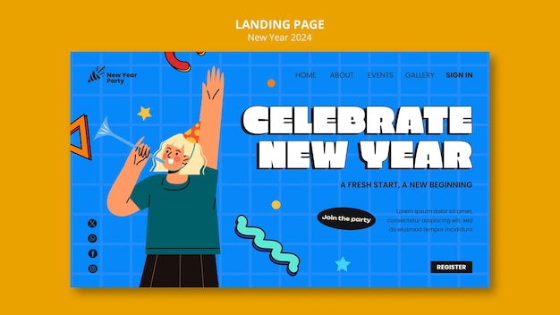 Free PSD landing page template for new year 2024 party celebration