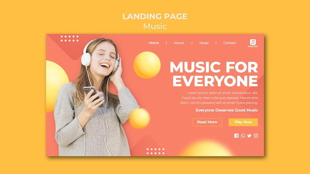 Free PSD landing page template for streaming music online with woman wearing headphones