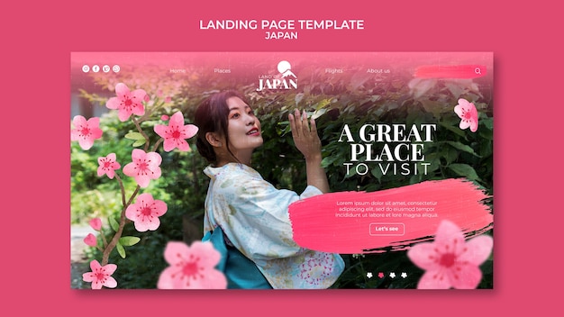 Free PSD landing page template for traveling to japan with woman and cherry blossom