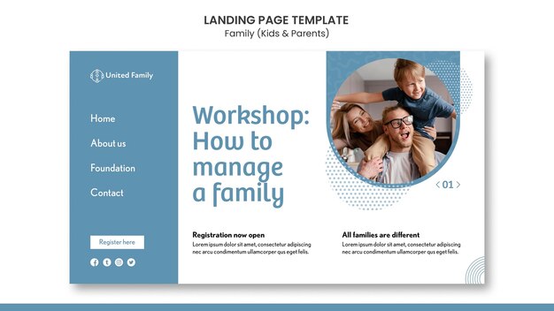 Landing page template with family and children