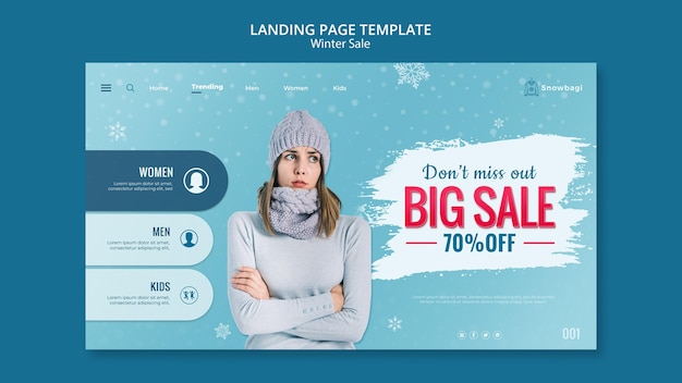 Free PSD landing page for winter sale with woman and snowflakes