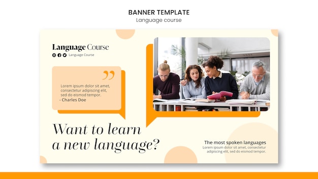 Language classes horizontal banner template with circles design