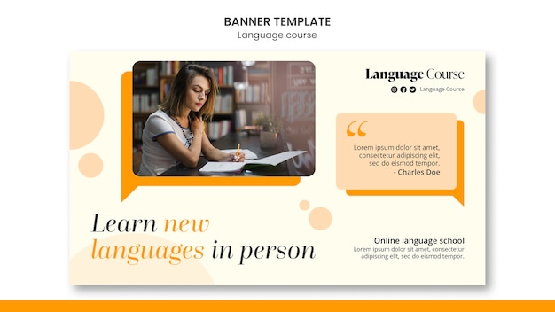 Language classes horizontal banner template with circles design