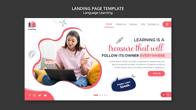 Language classes landing page template with abstract design