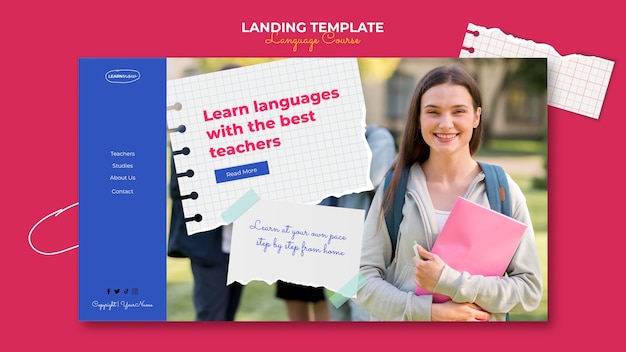 Free PSD language classes landing page template with notebook pages