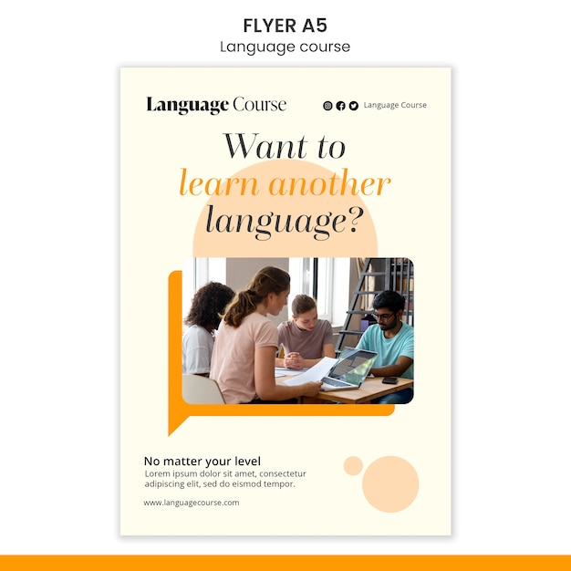 Free PSD language classes vertical flyer template with circles design