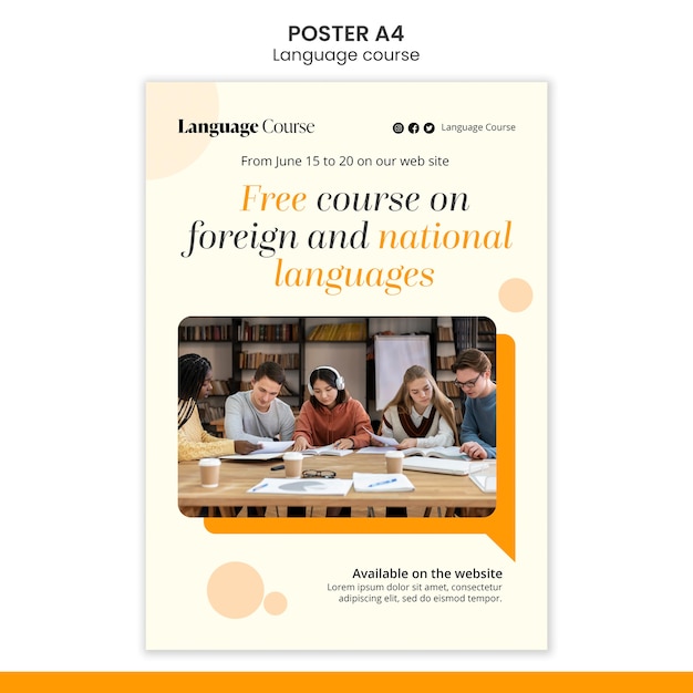 Free PSD language classes vertical poster template with circles design