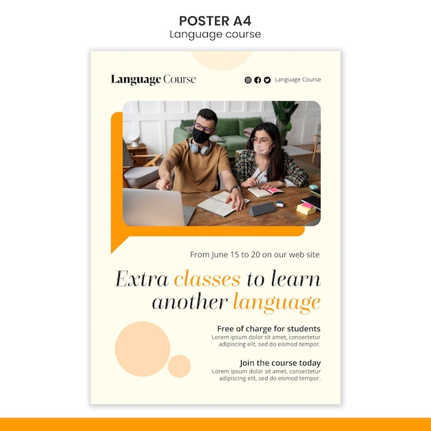 Free PSD language classes vertical poster template with circles design