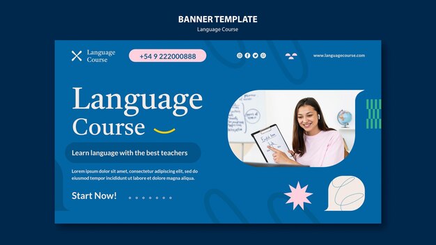 Language course horizontal banner template with abstract doodles