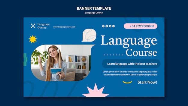 Language course horizontal banner template with abstract doodles