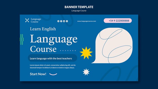 Language course horizontal banner template with abstract doodles