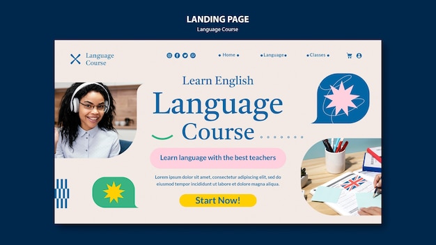 Language course landing page template with abstract doodles