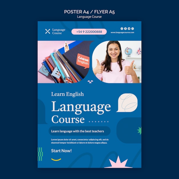 Language course vertical poster template with abstract doodles