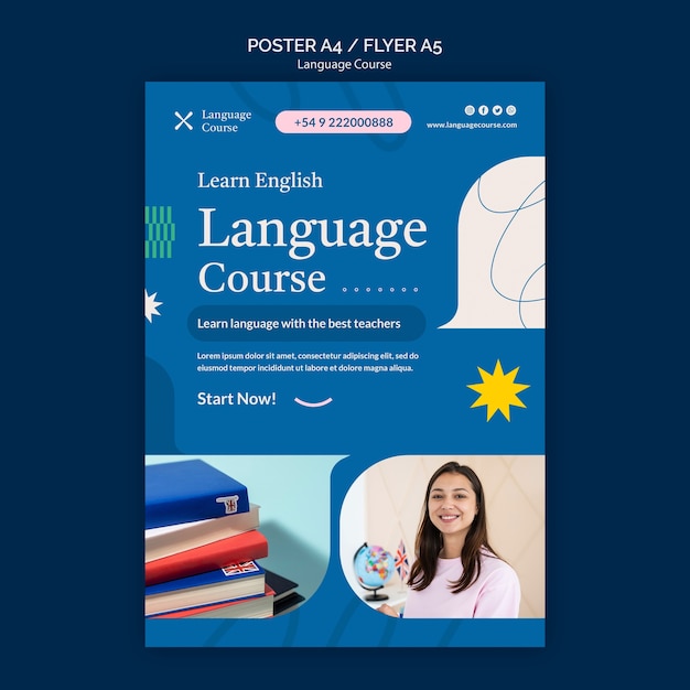 Language course vertical poster template with abstract doodles