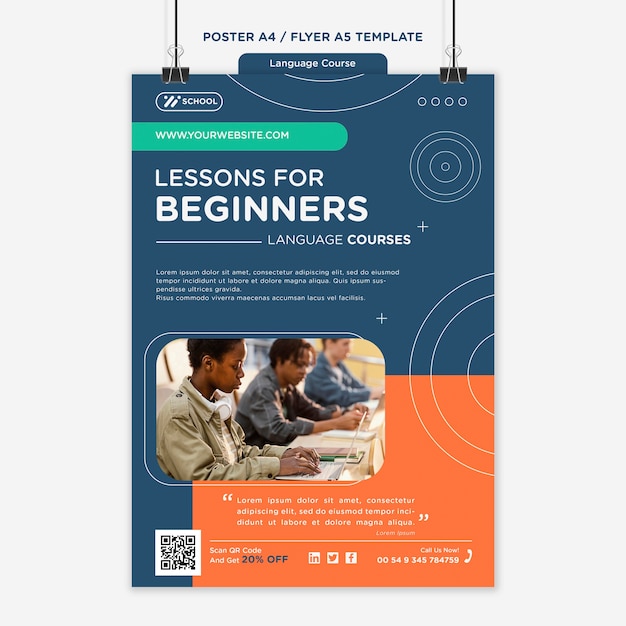 Language course vertical poster template with geometric lines