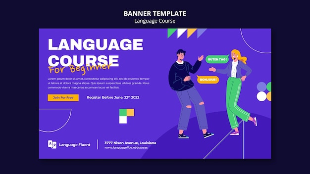 Free PSD language courses horizontal banner template with people and geometric shapes