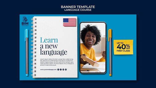 Language courses horizontal banner template with school supplies