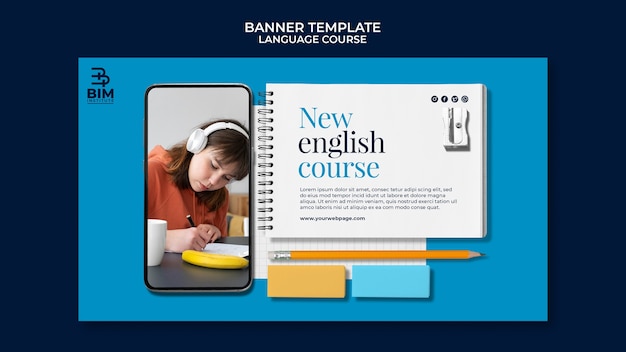 Language courses horizontal banner template with school supplies