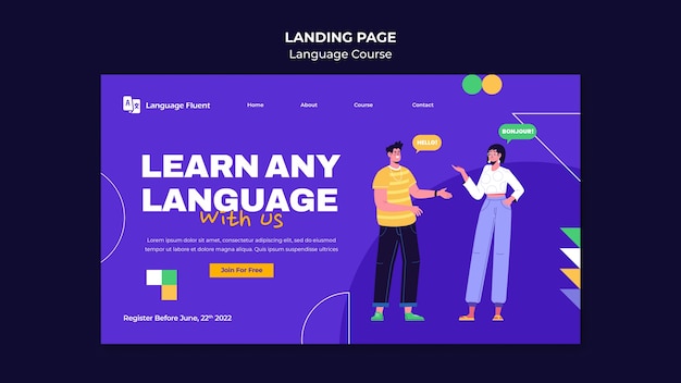 Free PSD language courses landing page template with people and geometric shapes