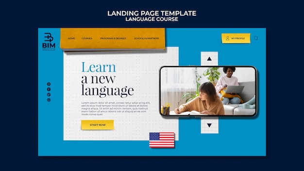 Language courses landing page template with school supplies