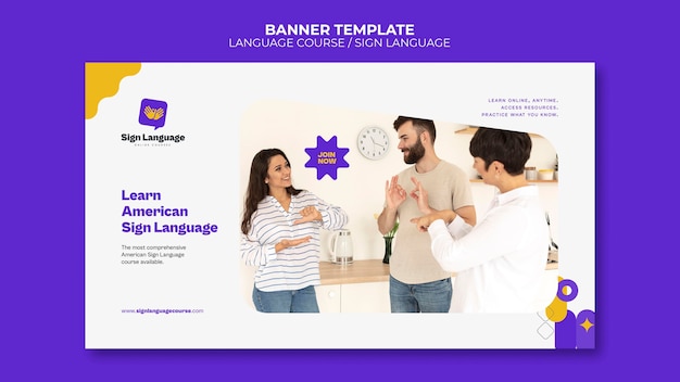 Free PSD language courses and sign language horizontal banner template with abstract shapes