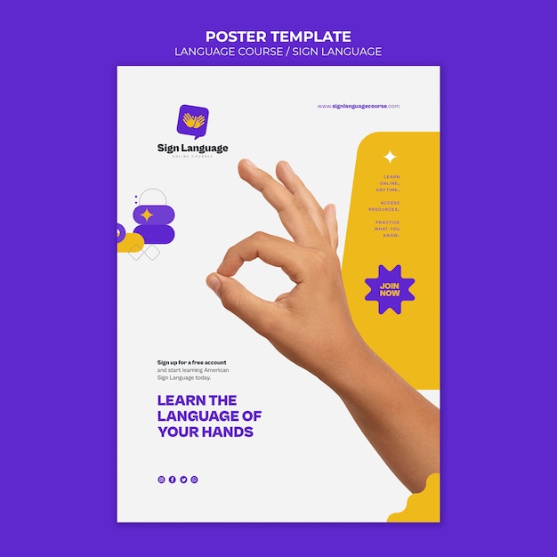 Language courses and sign language vertical poster template with abstract shapes