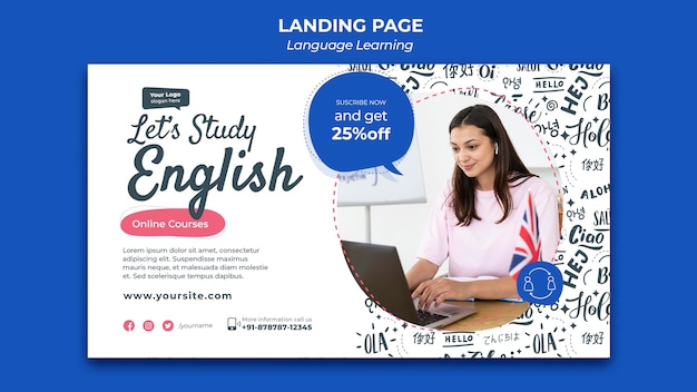 Language learning landing page design template