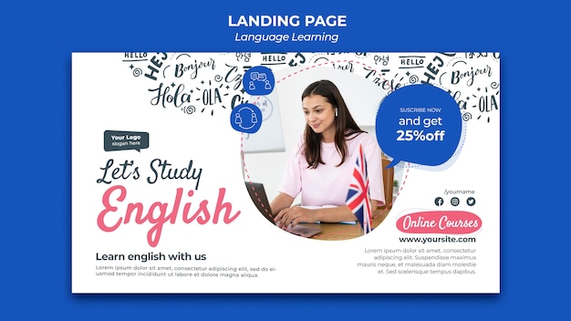 Language learning landing page design template