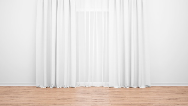 Large window with delicate white curtains. Wooden floor. Empty room as minimal concept