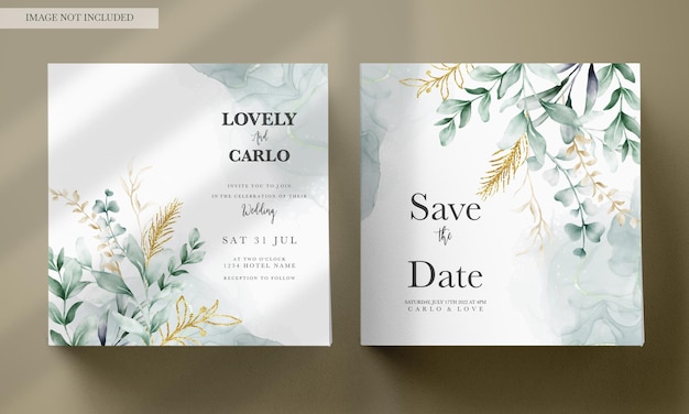 Free PSD leaves watercolor wedding invitation card