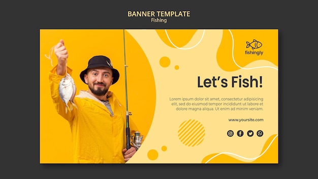 Free PSD let's fish man in yellow fishing coat banner