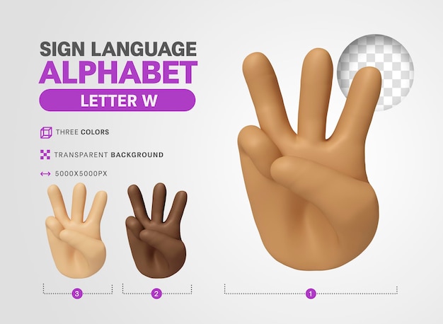 Letter W in american language sign alphabet 3d render cartoon