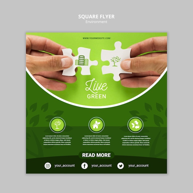 Free PSD live green environment with puzzle pieces square flyer template