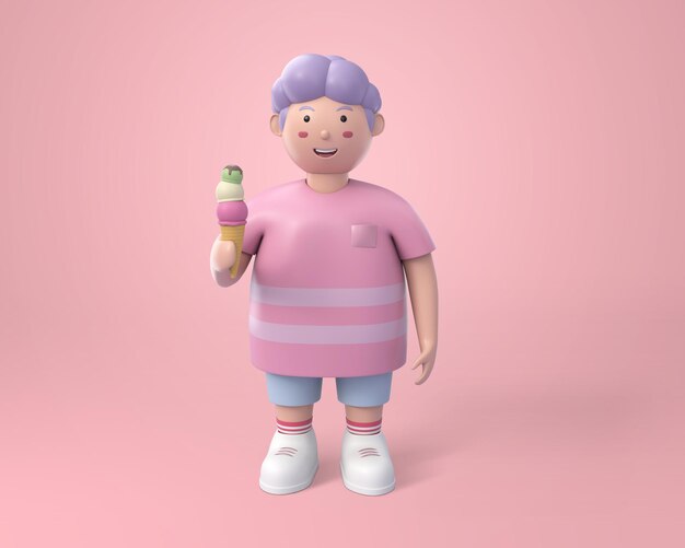 Lovely fat boy holding icecream in hand on pink