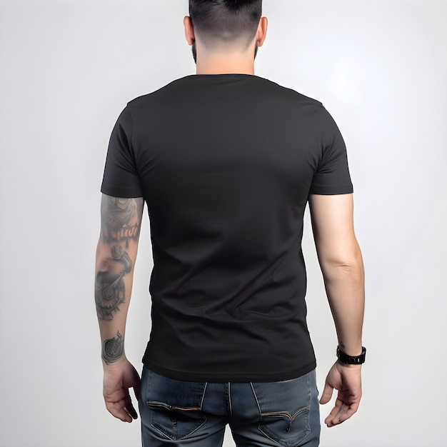 Free PSD man in black t shirt with tattoo on his arm back view