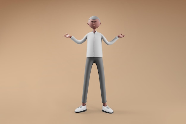 Man gesture arms in two sides holding empty place with copy space on isolated background Businessman presenting something 3d render cartoon character