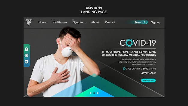 Free PSD man wearing medical mask landing page template