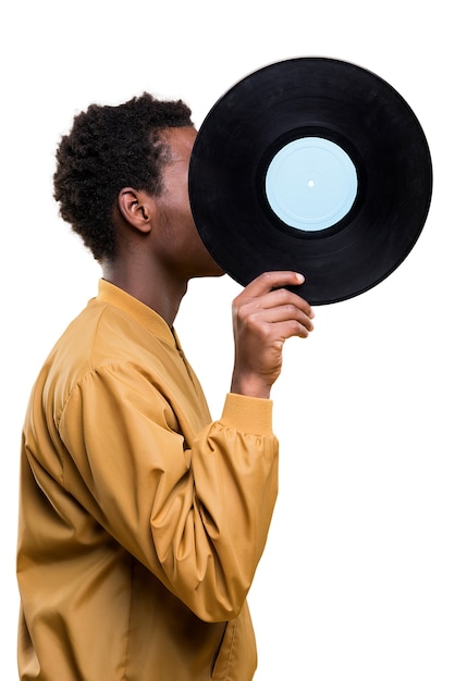 Free PSD man with vinyl disc listening to music