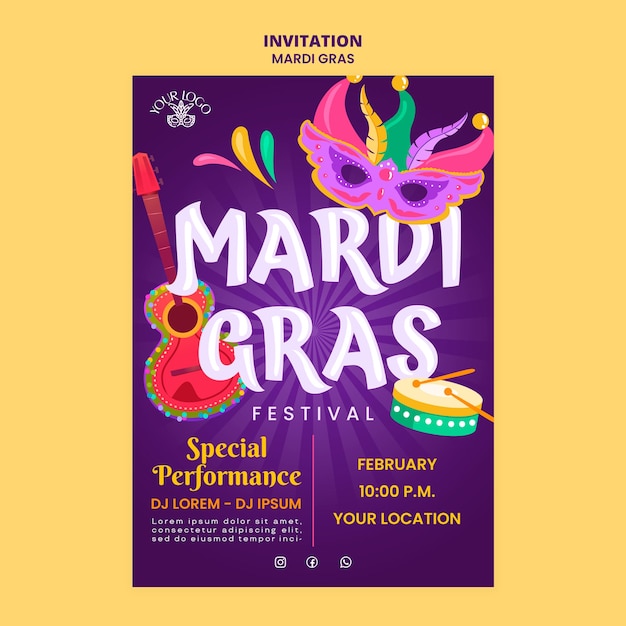 Free PSD mardi gras celebration  invitation template