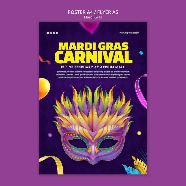 Free PSD mardi gras celebration poster template