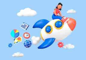 Free PSD marketing concept with woman on rocketship