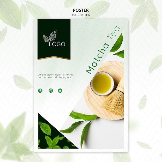 Free PSD matcha tea poster template with bamboo whisk