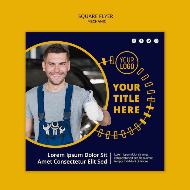 Free PSD mechanic business square flyer and smiley man