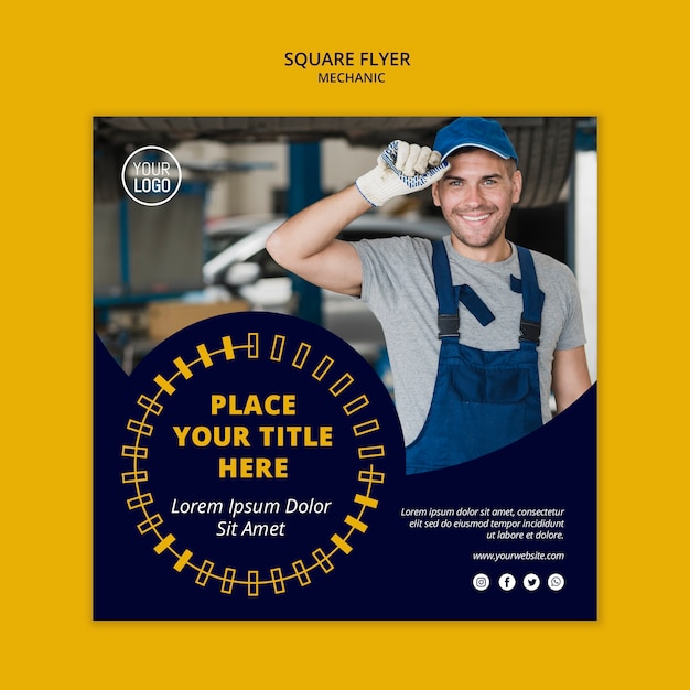 Mechanic business square flyer with man