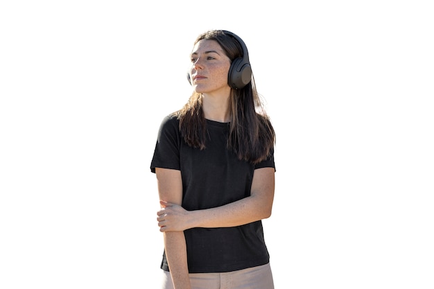 Medium shot woman wearing headphones