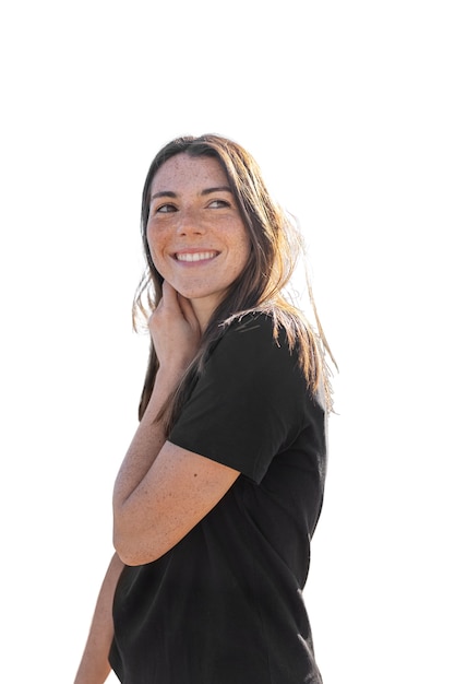 Medium shot woman with blank shirt