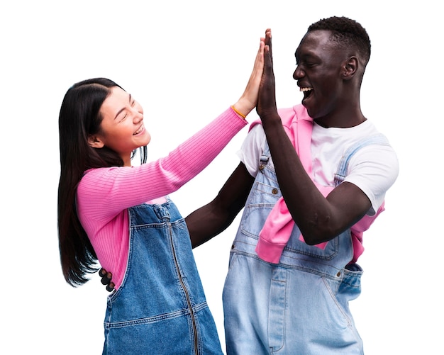 Medium shot young friends posing in studio