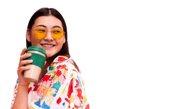 Free PSD medium shot young woman posing in studio