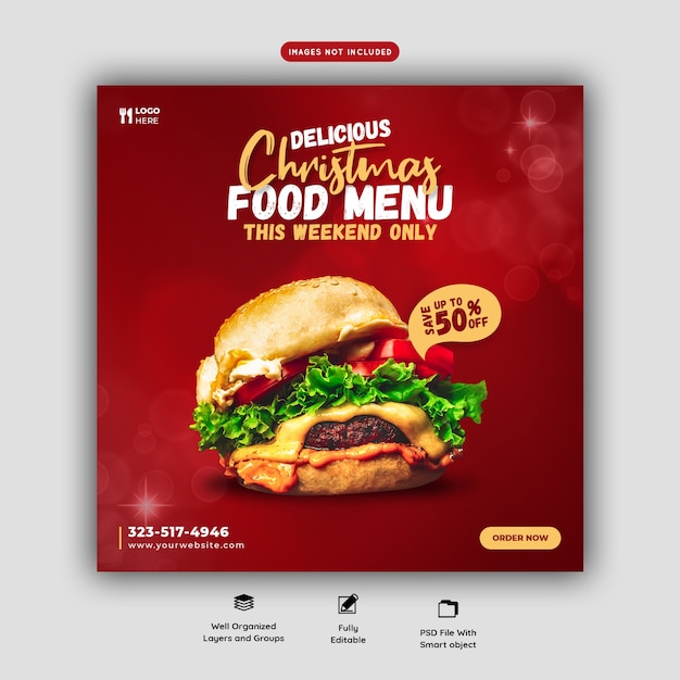 Merry christmas delicious burger and food menu social media banner template